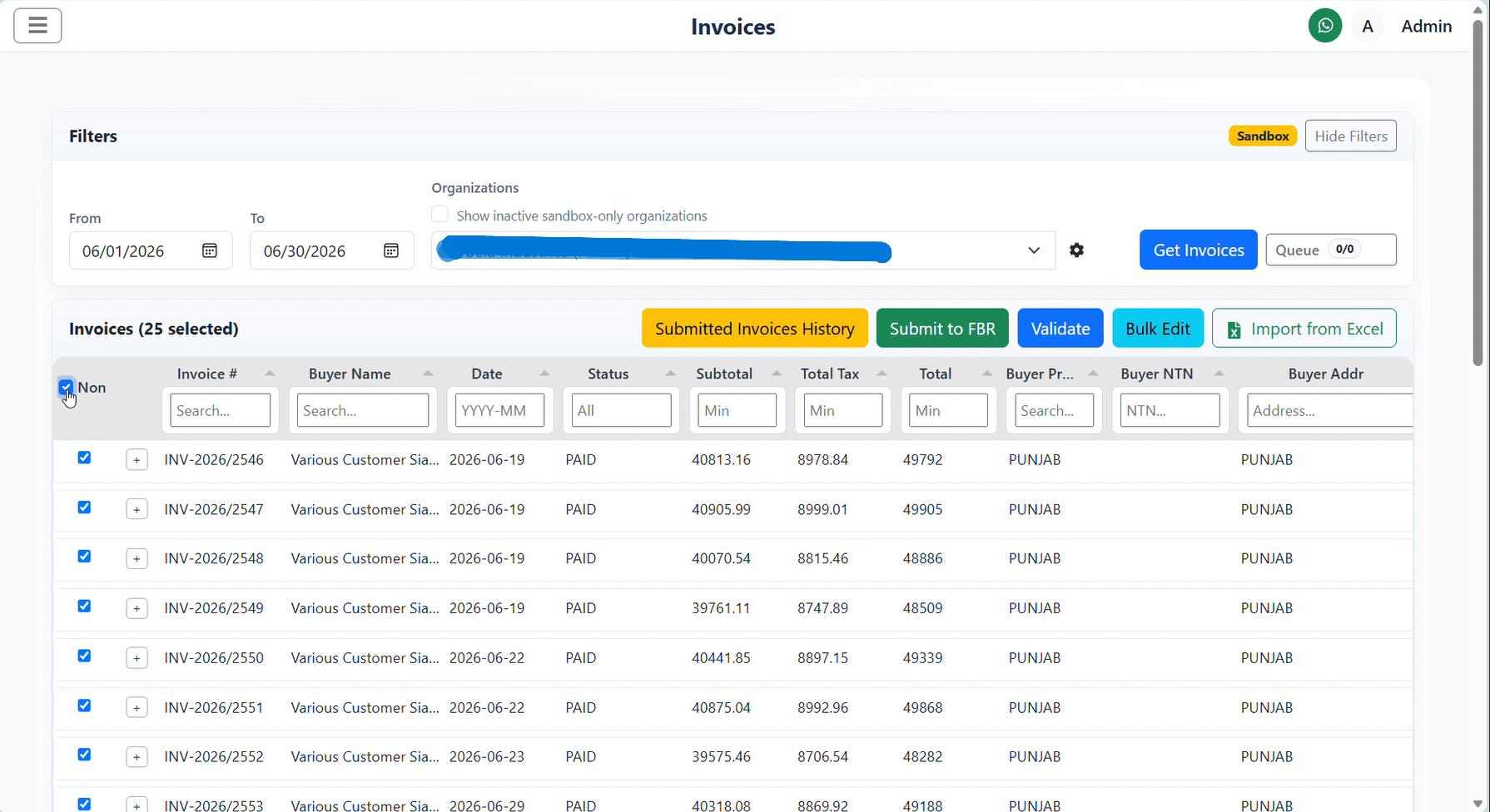 TaxConnect invoices screen showing selected invoices ready for FBR validation