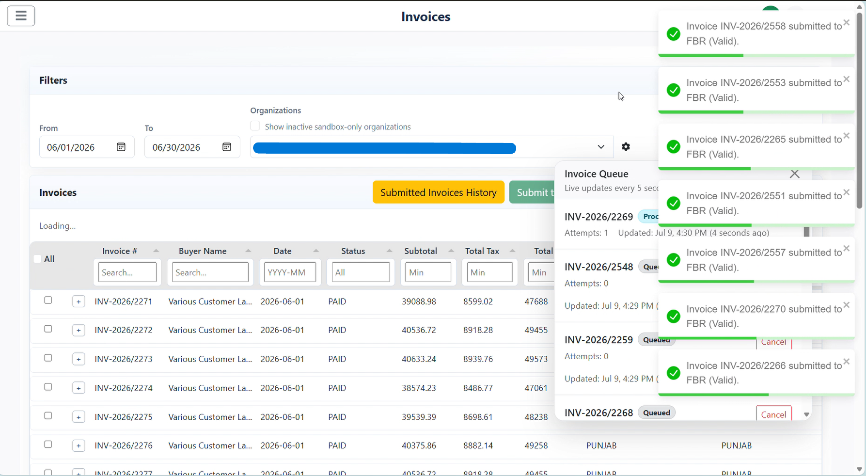 TaxConnect invoices screen showing invoices submitted to FBR with queue updates
