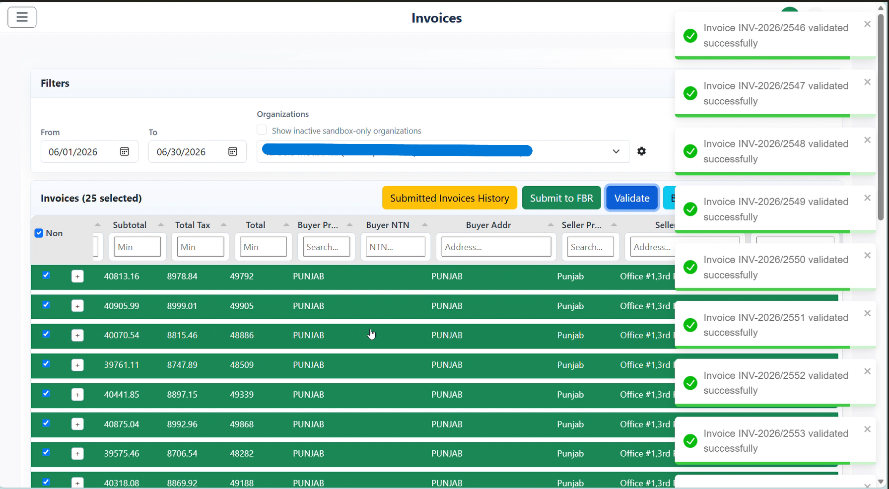 TaxConnect invoices screen after validation with invoice rows marked successfully